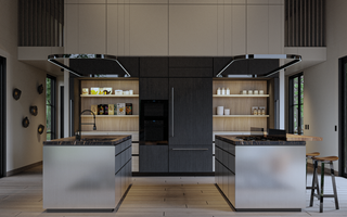 Luxurious interior kitchen design featuring dual prep islands, each adorned with a pendant metal LED lamp. Open shelving serves as a pantry, with the oven and fridge elegantly covered in wood.