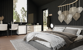 Interior design proposal for a tiny cabin in the mountains: Loft-style layout featuring a master bed next to a kitchenette, two chairs, and a big window overlooking the lush green trees. Boho chic decoration with macrame and natural fiber accents.