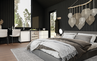 Interior design proposal for a tiny cabin in the mountains: Loft-style layout featuring a master bed next to a kitchenette, two chairs, and a big window overlooking the lush green trees. Boho chic decoration with macrame and natural fiber accents.