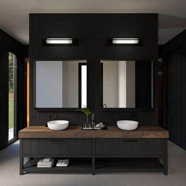 3d interior rendering from master bathroom with double sink and walk in closet in black style