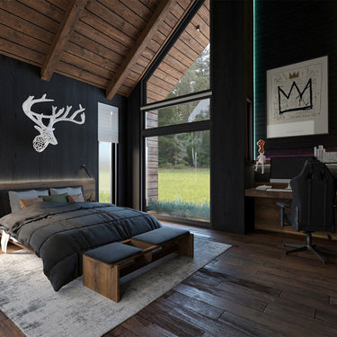 3d interior rendering from bedroom with vaulted ceiling in black style and office area