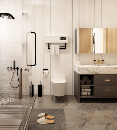 A minimalist bathroom from Moose Meadow’s cabin floor plan, featuring a grey-toned interior design. The full bath includes a spacious sink with a marble countertop, a shower, and a WC. The design combines wood-paneled walls with stone ceramic tiles, creating a sleek and natural aesthetic.