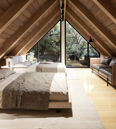 Modern bedroom design with a wooden accent wall and contemporary decor. Features a cozy bed with neutral linens, a sculptural chair, a textured pouf, and abstract wall art. Sunlight streams through, highlighting the minimalist and warm ambiance
