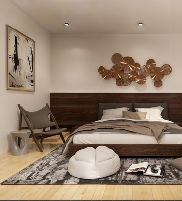 minimalist interior design of a bedroom in the Moose Meadows cabin. The space features clean lines, natural wood accents, and soft, neutral tones, creating a cozy and serene atmosphere that reflects the cabin's modern-rustic aesthetic