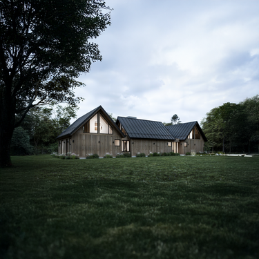 Modern wooden house with a dark roof in a grassy field with trees