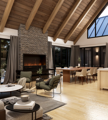 A modern dining area with a vaulted ceiling and exposed wooden beams. Large triangular windows bring in natural light, while the open layout connects seamlessly to a cozy living space adorned with curtains and stylish furniture.