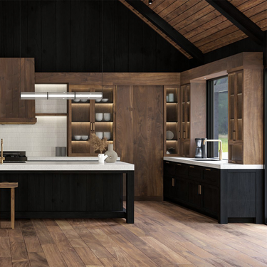 3d interior rendering from open kitchen of barndominium in black and warm tones