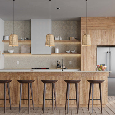 kitchen design with pendant lamp, island with barstools