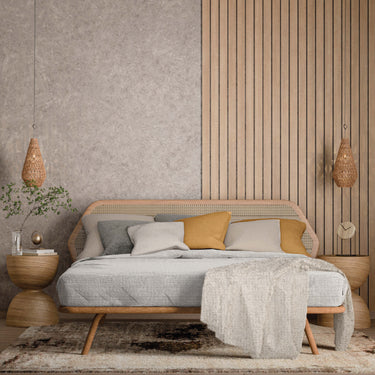 bedroom rendering with panel wood wall, bed and night tables