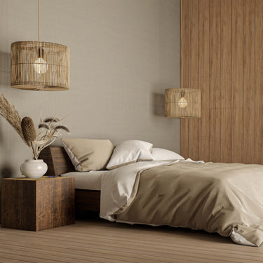 master bedroom rendering with pendant lamps, bed, night table in a barndominium design