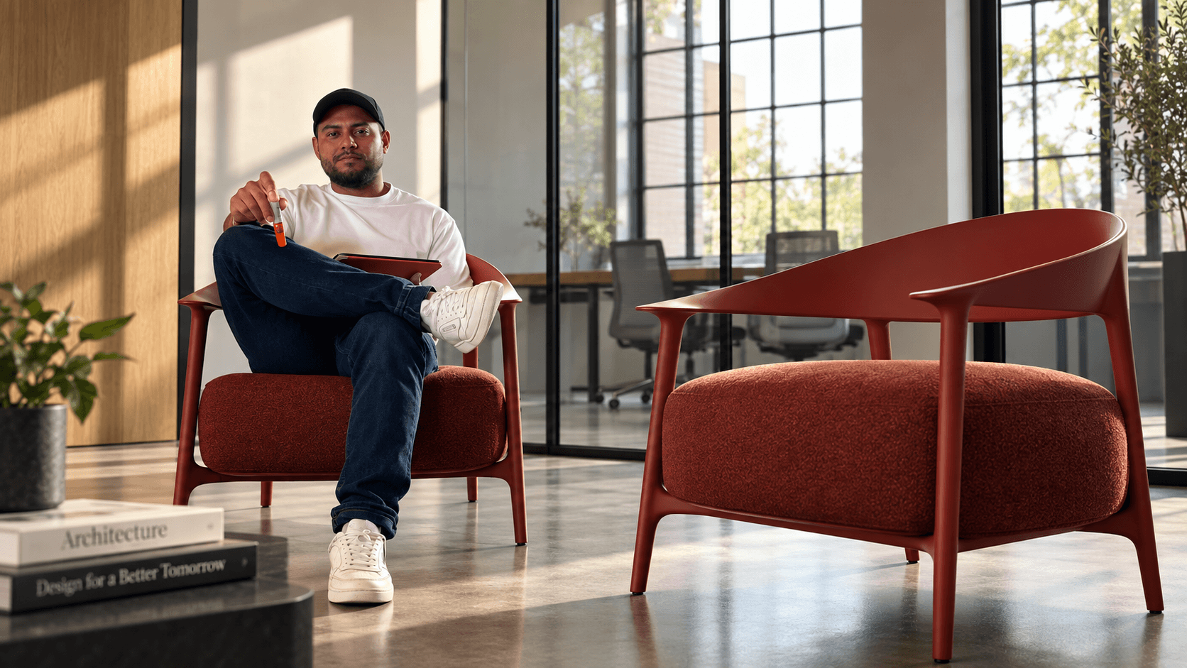 Josh Ramirez seated in a rust-colored Vondom armchair, with a second chair beside him.