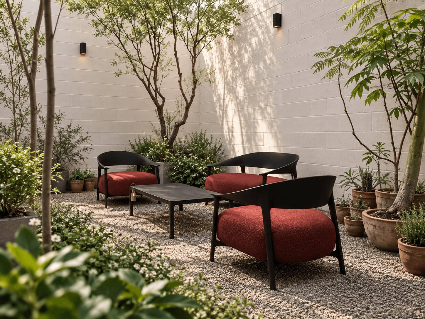Two Vondom armchairs with red cushions around a low table in a gravel courtyard.