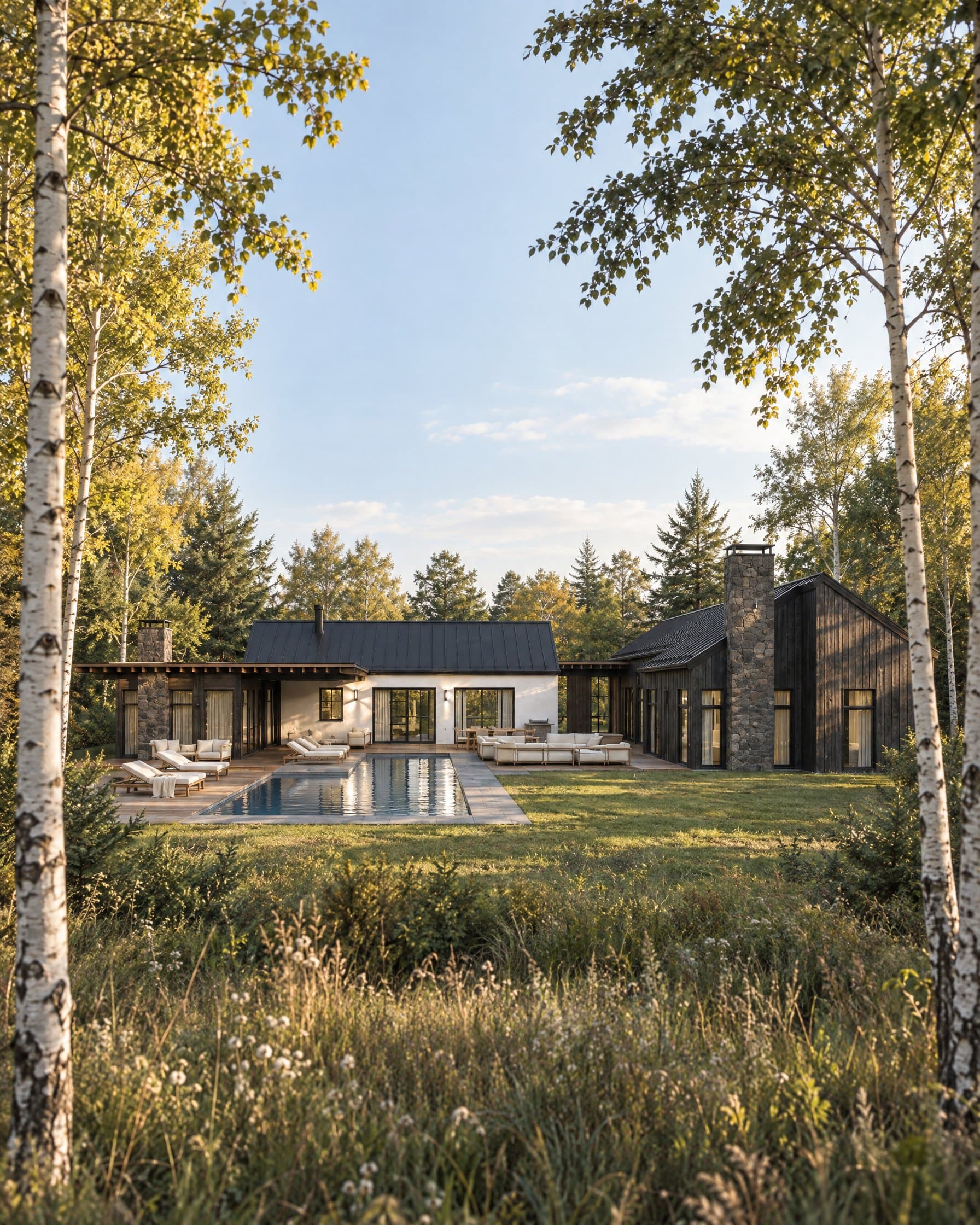 A pale plaster and dark wood house with a pool, framed by birch trees in late afternoon.