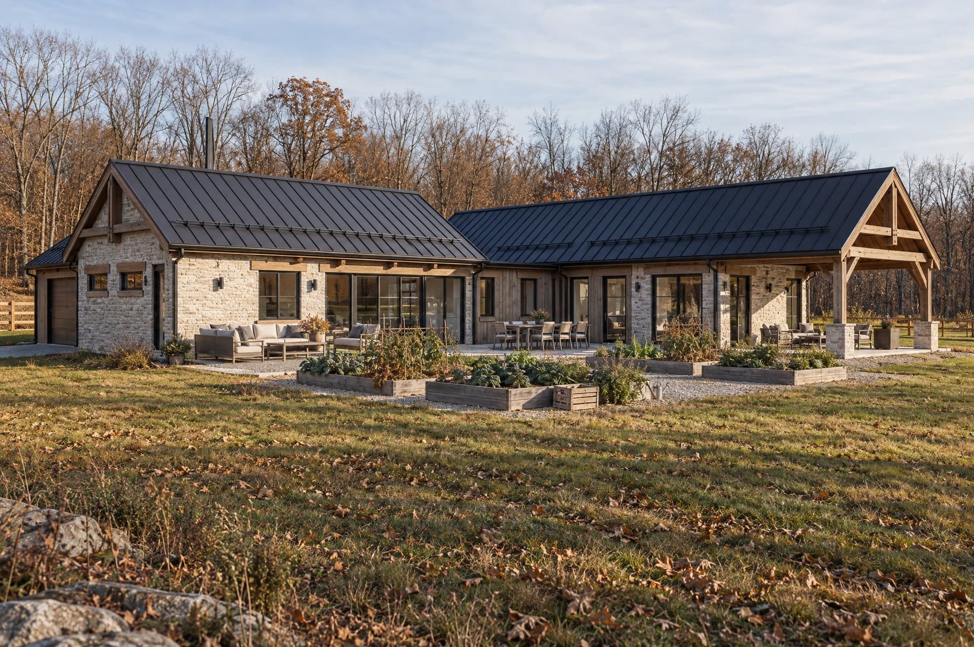A long stone and timber house with a kitchen garden, in late autumn.