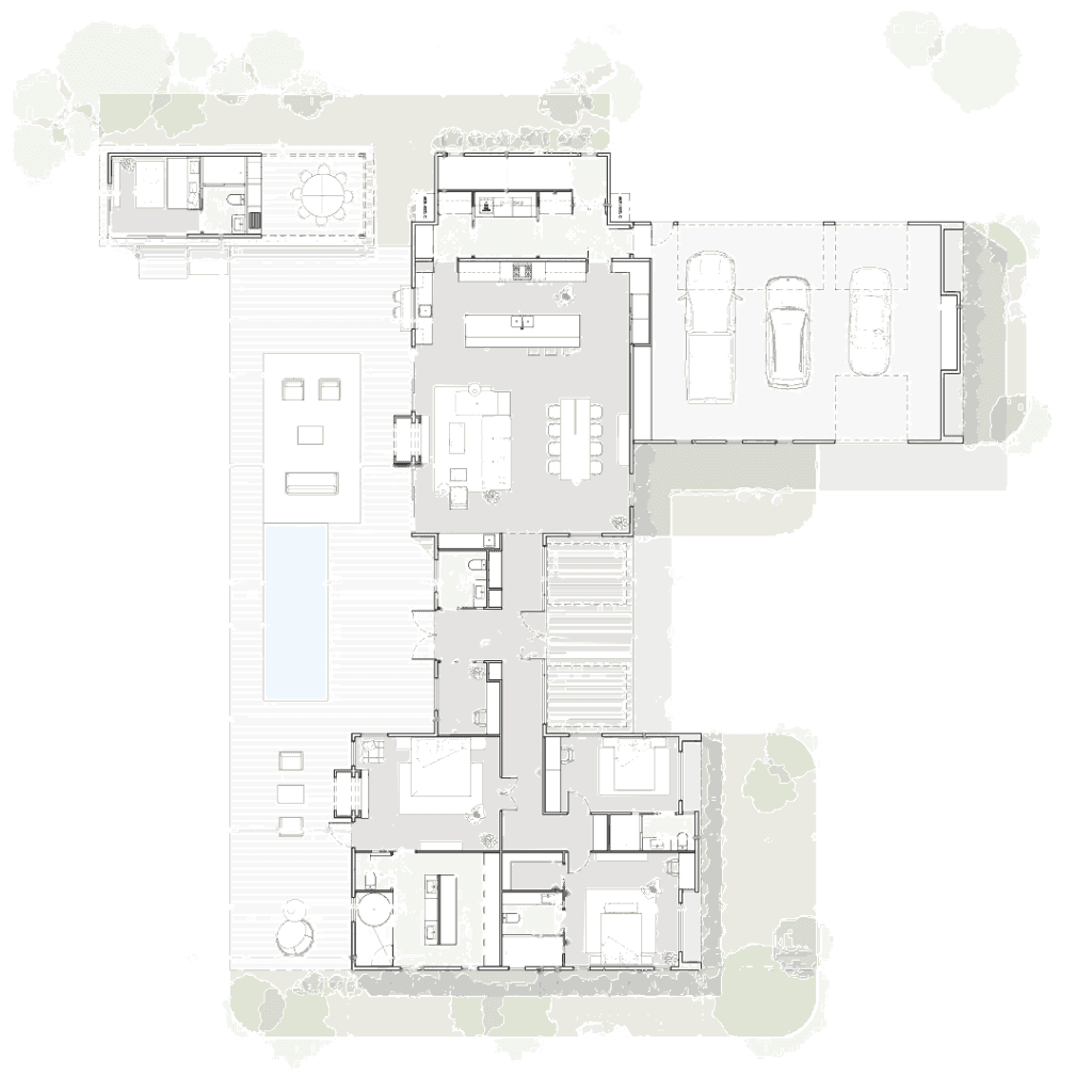 Floor plan of Coyote’s Den, drawn in ink line.