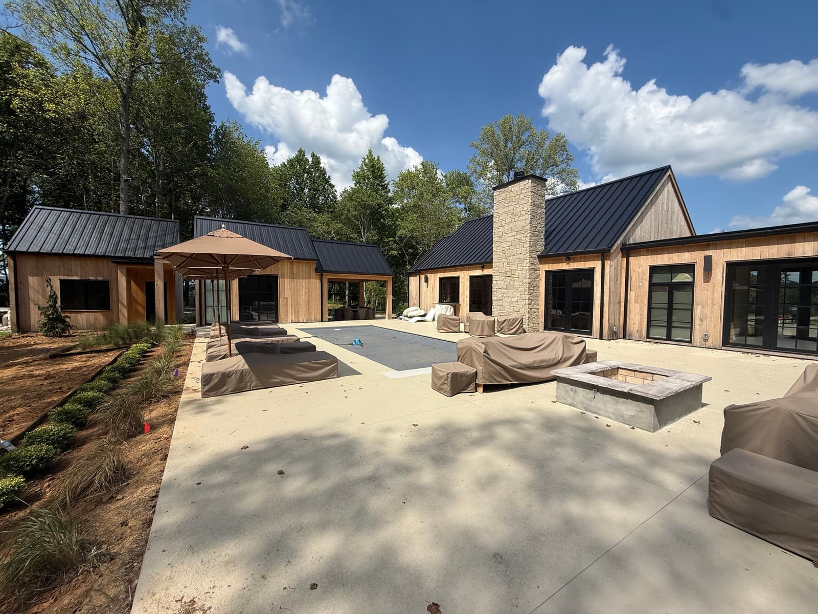 The pool and terrace seen from the house, pines behind.