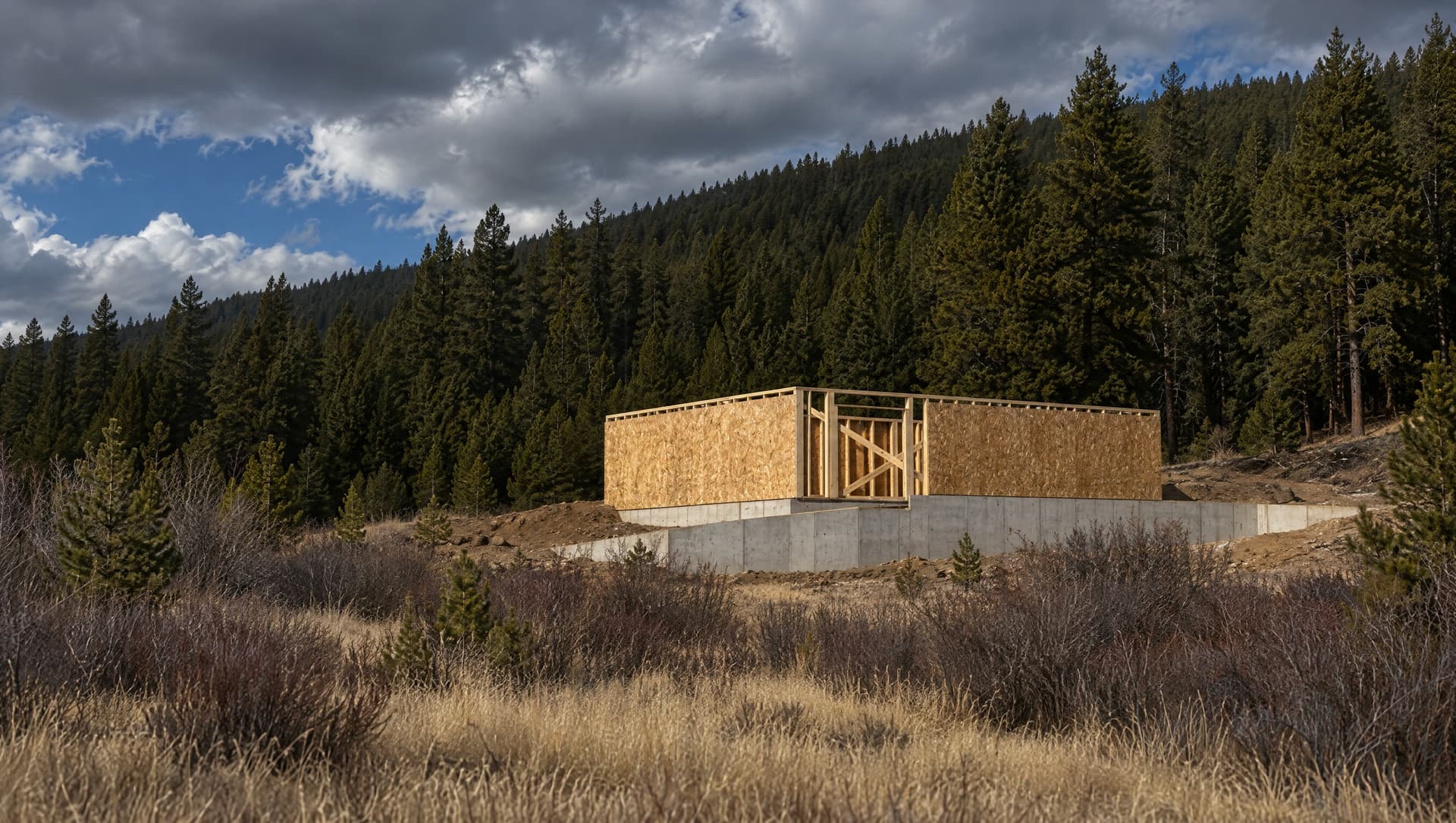 A sheathed volume on a concrete foundation, set in a meadow against a pine slope.