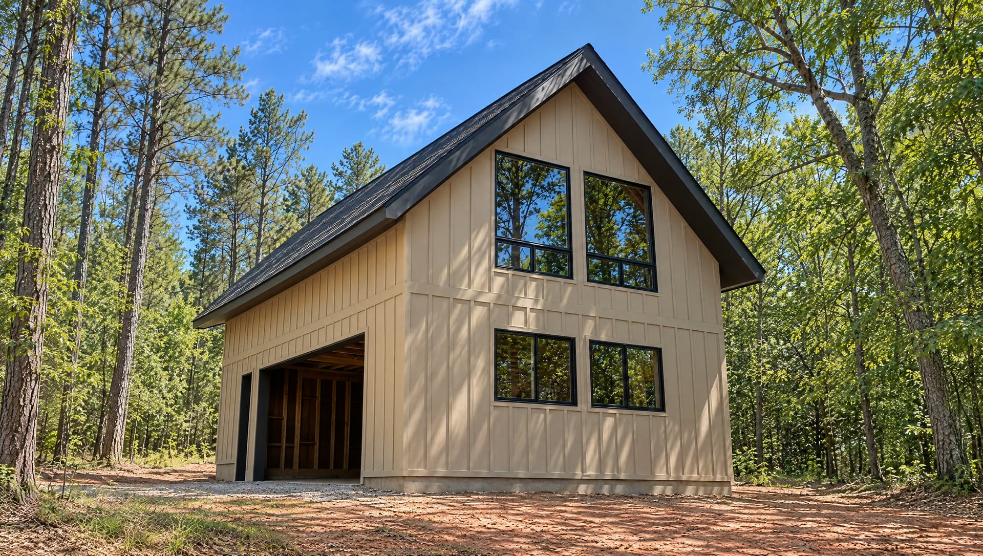 A tan gabled house in the pines, with black-framed windows and an open garage.
