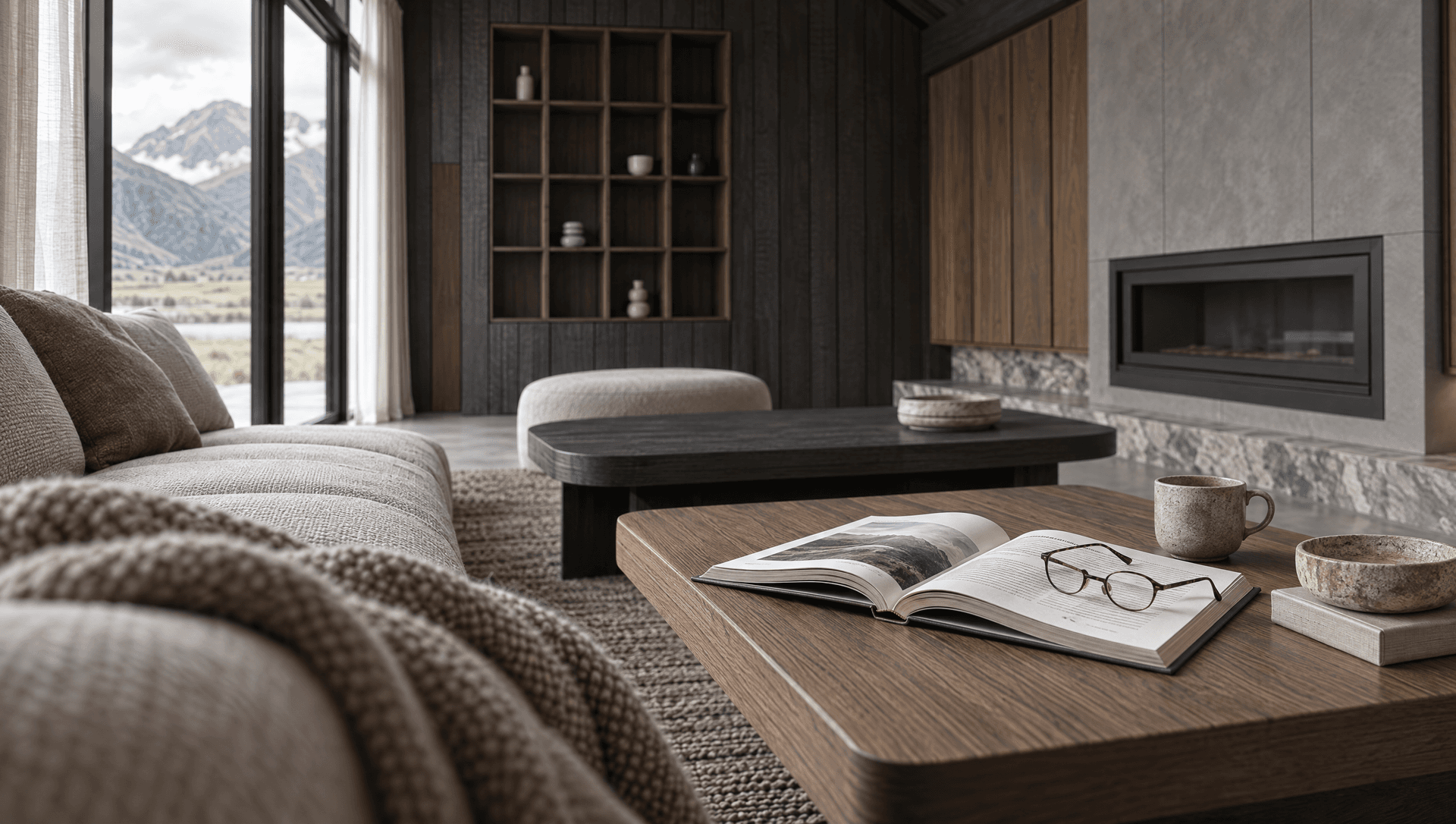 An open book in the living room of Casa del Prado.