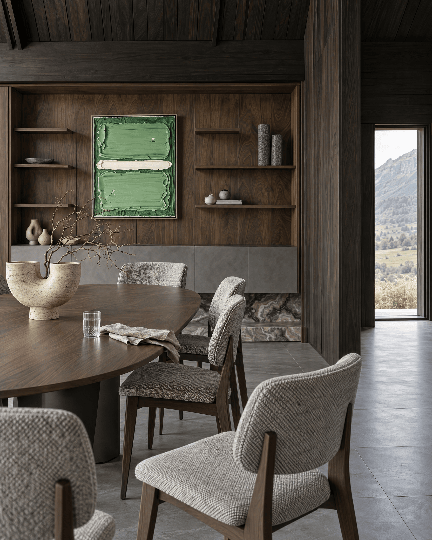 Dining room of Casa del Prado, with the valley beyond the door.