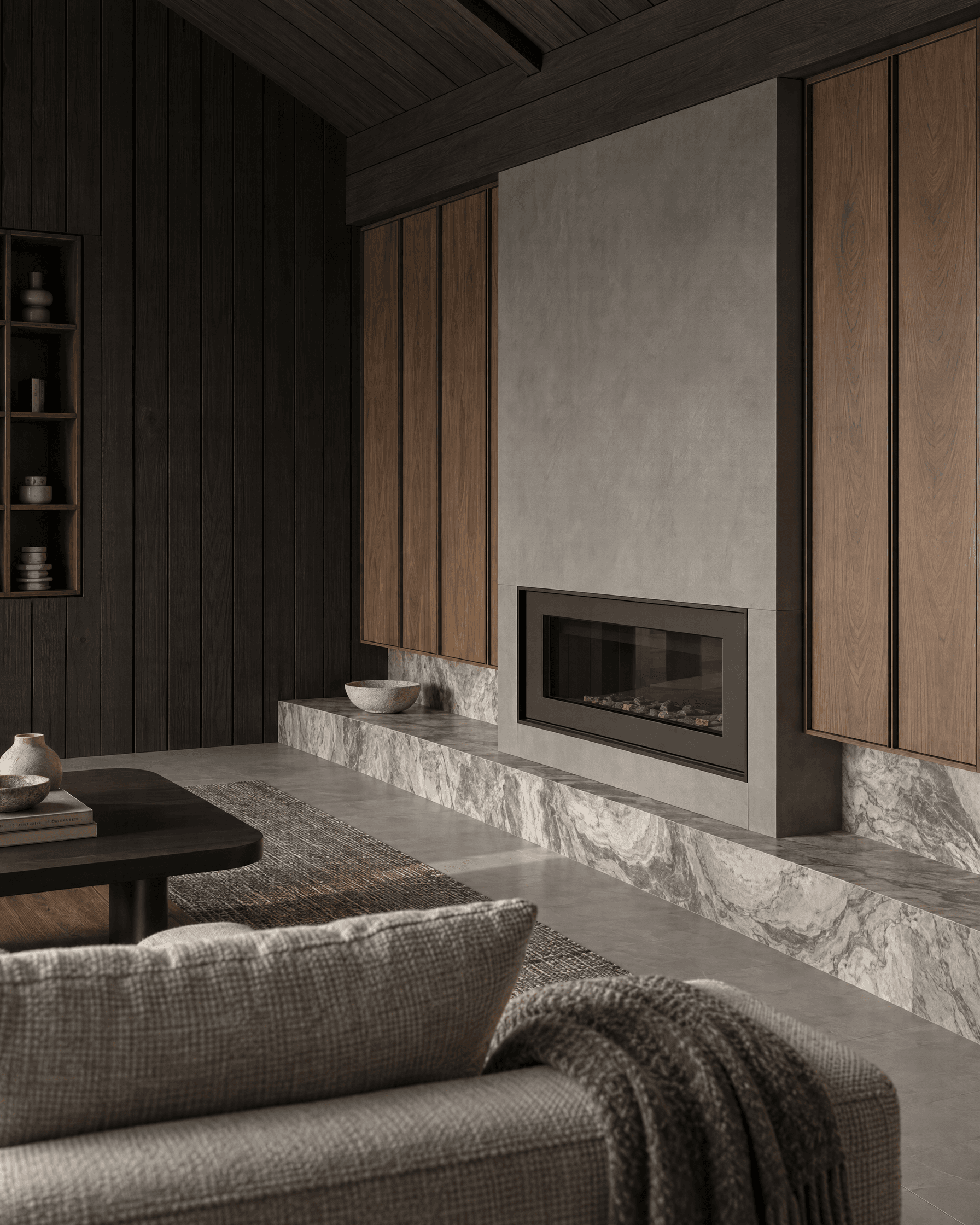 Fireplace and marble bench in the living room of Casa del Prado.