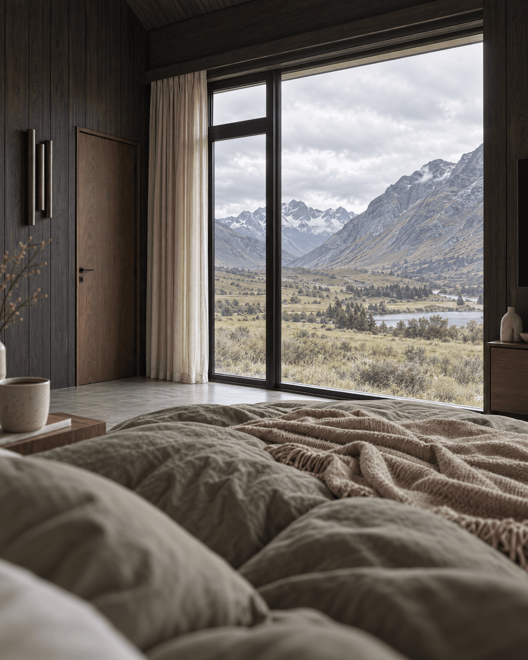 The valley from the bed at Casa del Prado.