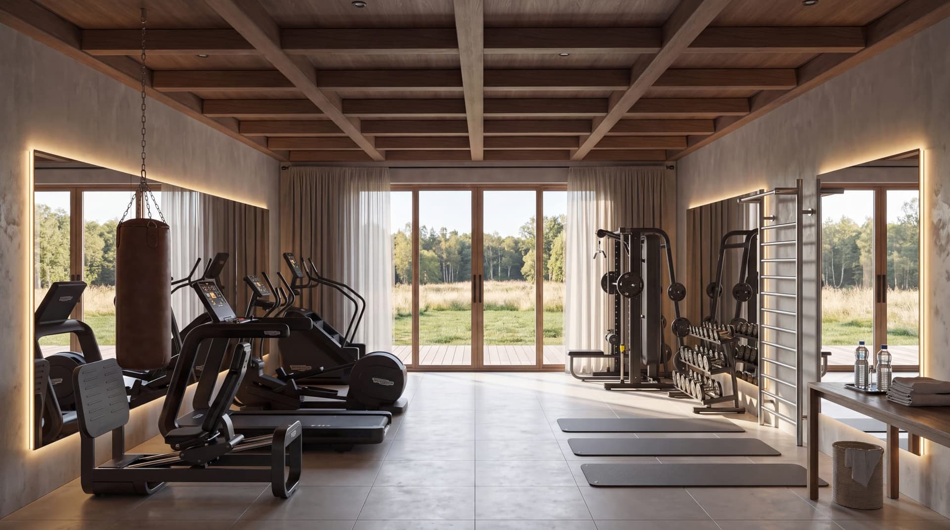 Gym on the lower level of The Hunter’s Lodge, opening to the meadow.