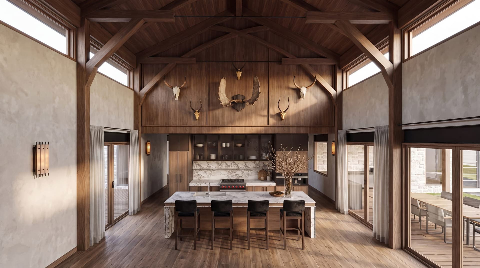 Kitchen of The Hunter’s Lodge, marble island under the timber roof.