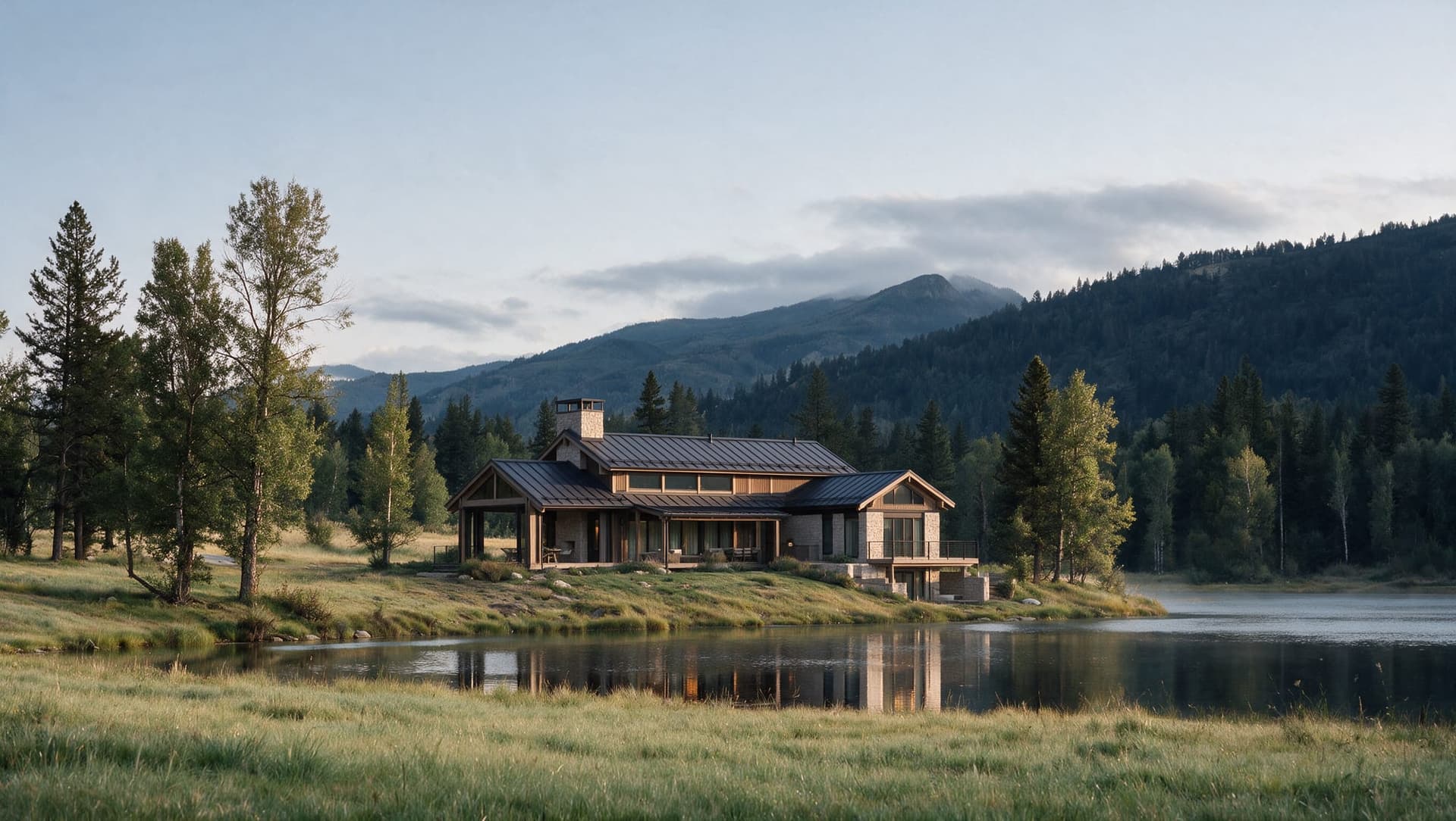 The Hunter’s Lodge in late light, reflected in the lake.