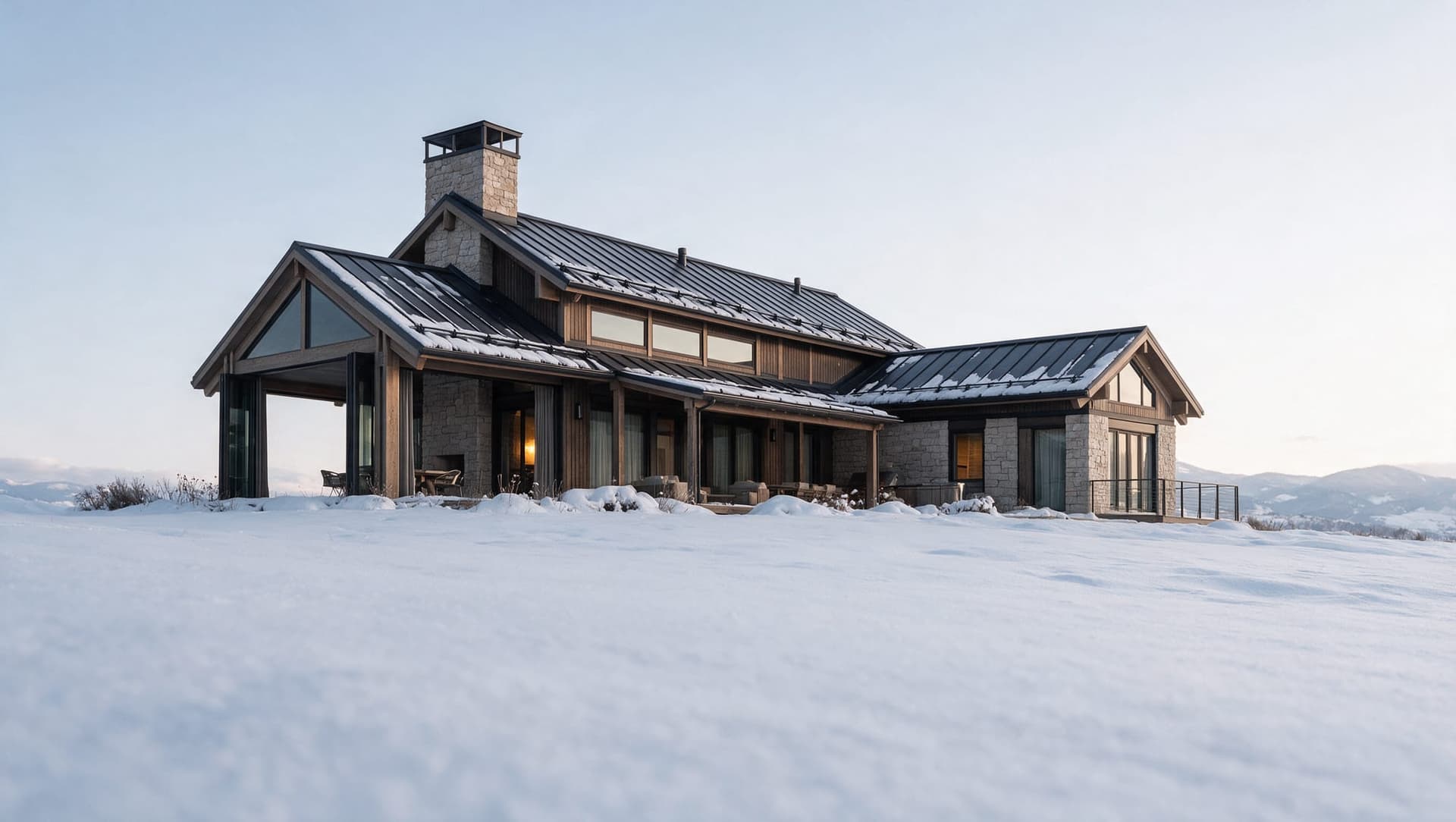 The Hunter’s Lodge in snow, the porch open to the field.