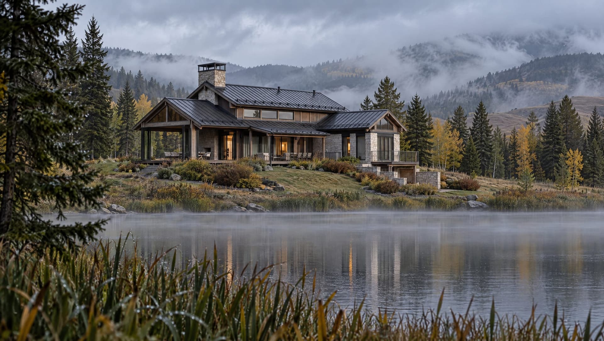 The Hunter’s Lodge beside a still lake, under a low cloud.