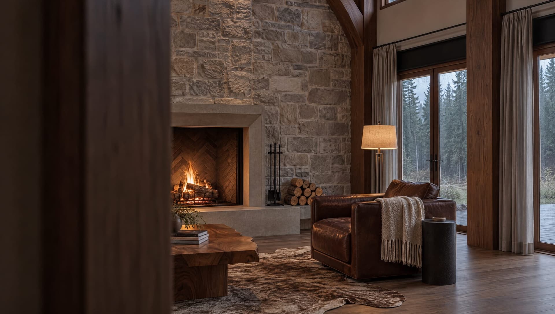 Fireplace in The Hunter’s Lodge, a leather chair beside the glass.