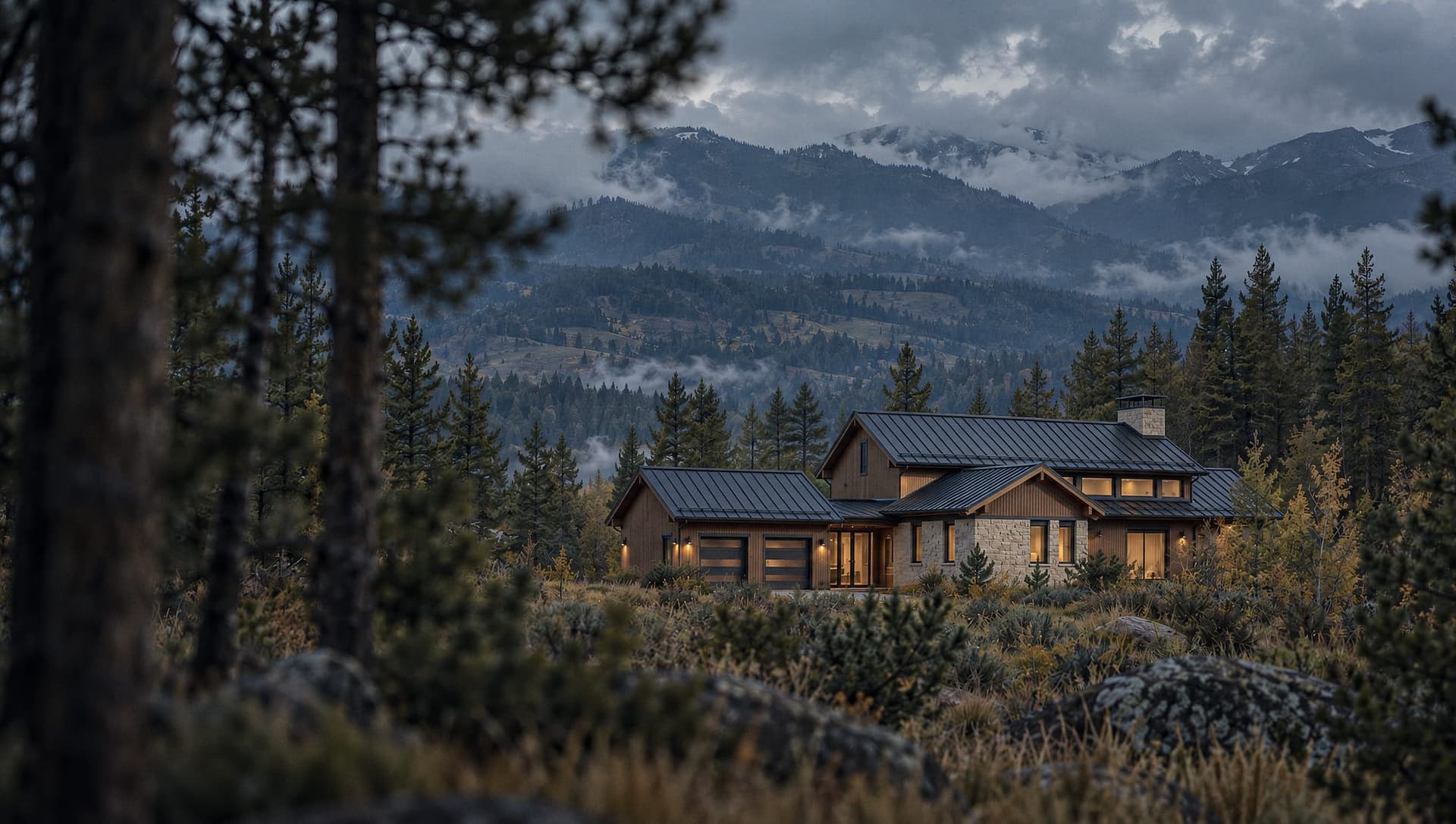 The Hunter’s Lodge in a high meadow, timber and limestone under a metal roof.