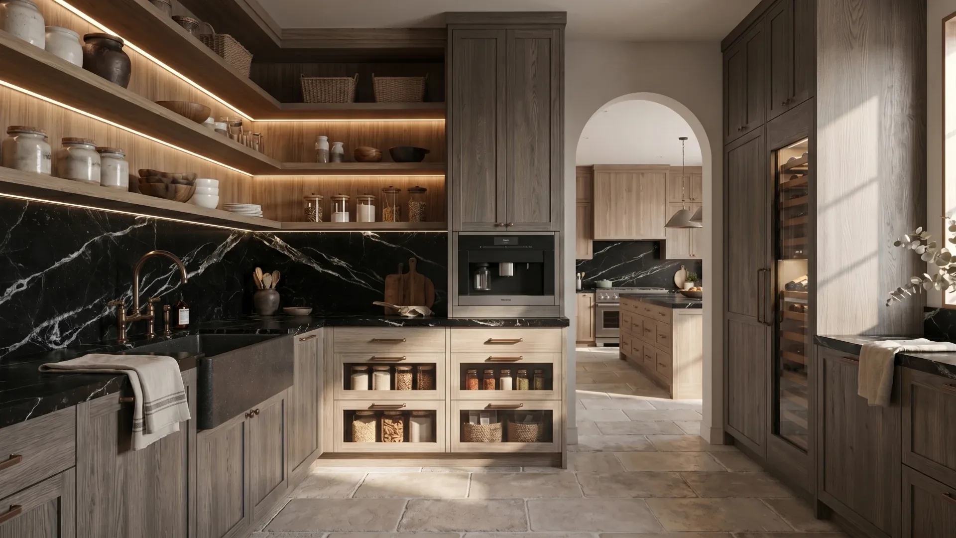 Pantry with a black marble counter, a farmhouse sink, glass-front drawers of dry goods, and an arch into the kitchen.