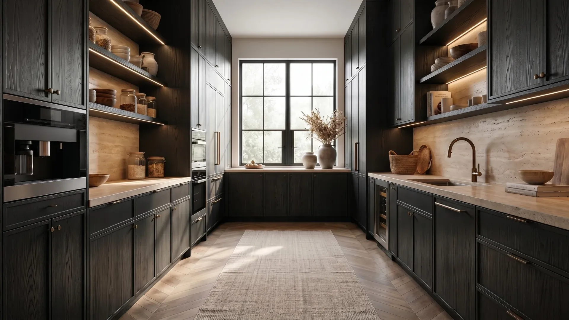 Black wood pantry with a coffee machine, open shelves, and a black-framed window.