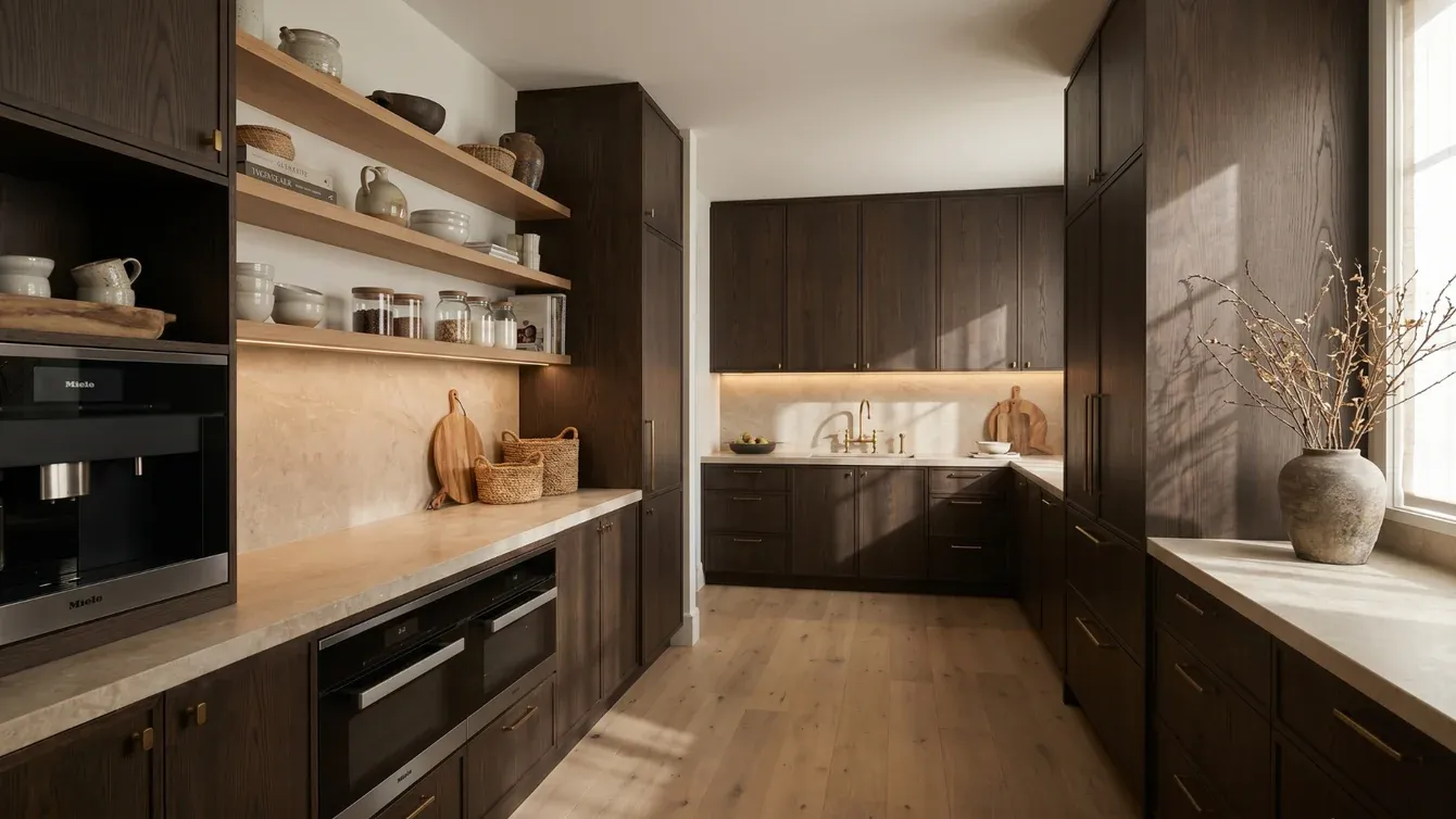 Dark wood pantry with a built-in coffee machine, open shelves of jars, and sunlight from a window.
