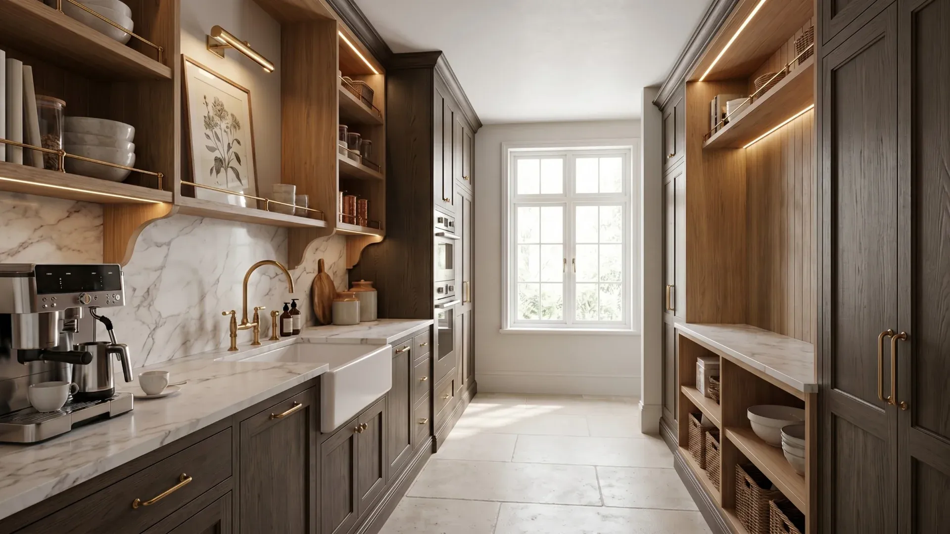 Pantry with gray cabinets, a marble farmhouse sink, an espresso machine, and a window at the far end.