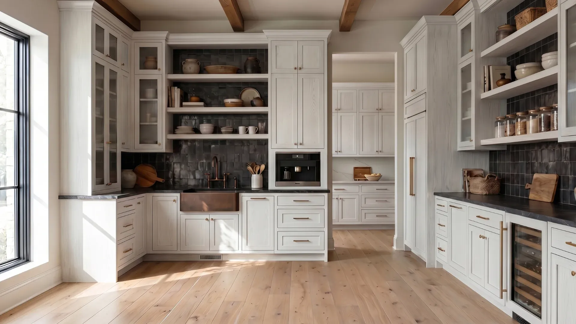 White pantry with a copper farmhouse sink, open shelves, and a glass-door wine fridge.
