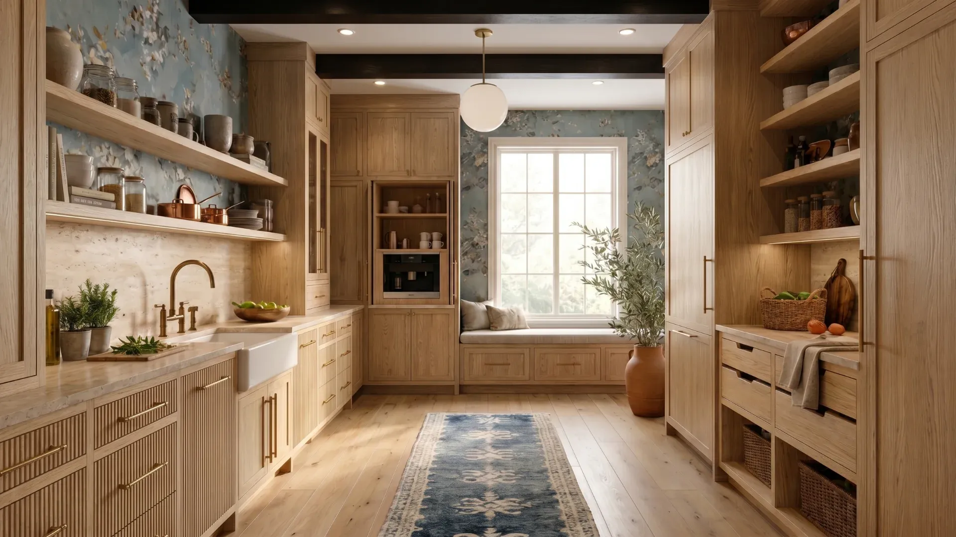 Light oak pantry with open shelves, a farmhouse sink, and a cushioned window seat.