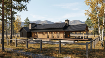 Bear's Lair, a modern wooden home in a forest setting with a clear path leading to it. A residence with an open-concept layout, vaulted ceilings, and expansive floor-to-ceiling windows. 