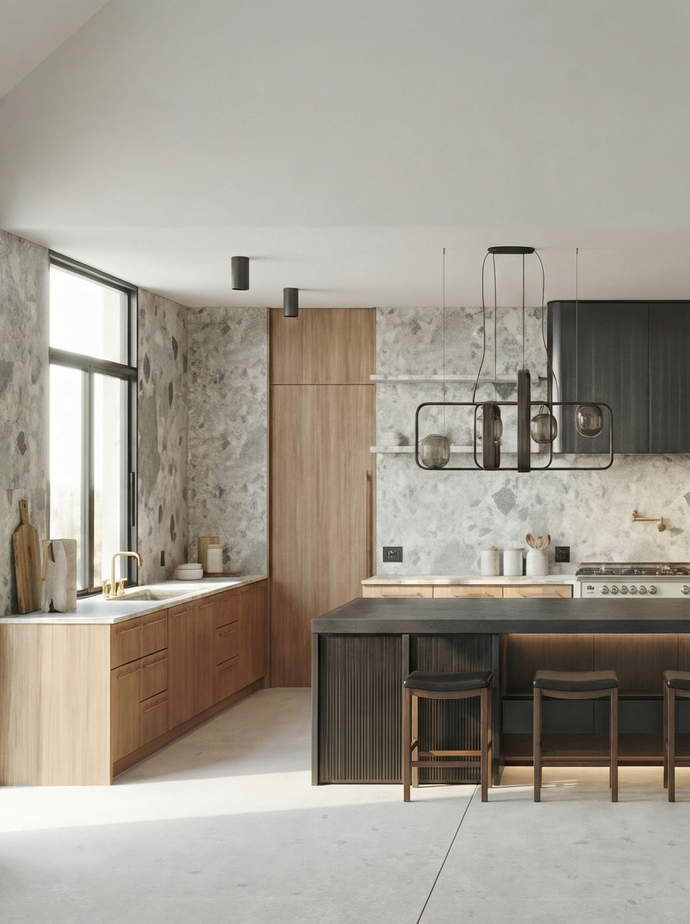 Coyote’s Den modern kitchen with wooden cabinets, stone walls, and an island.