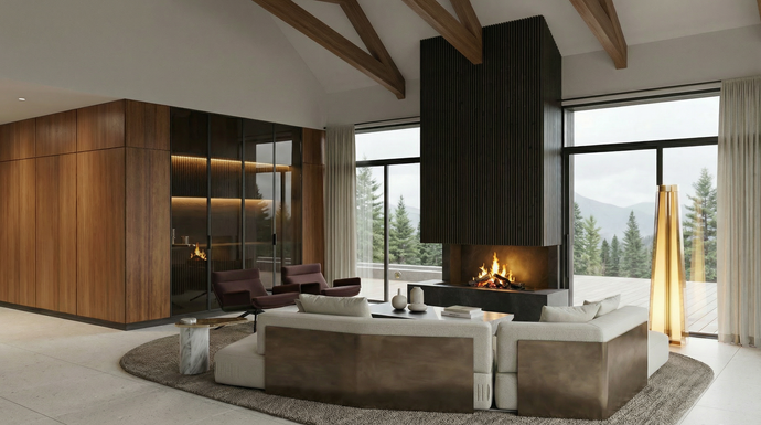 Coyote’s Den modern living room with a large fireplace, wooden walls, and large windows overlooking a forest.