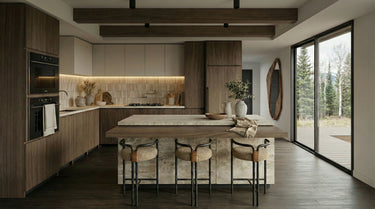 Linx's Domain, a modern kitchen with wooden cabinets, a kitchen island, and stools. A one-story mountain residence with a pool and an open concept layout. 