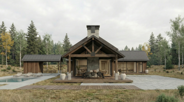 Linx's Domain, a modern wooden house with a covered porch in a forest setting. A one-story mountain residence with a pool and an open concept layout. 