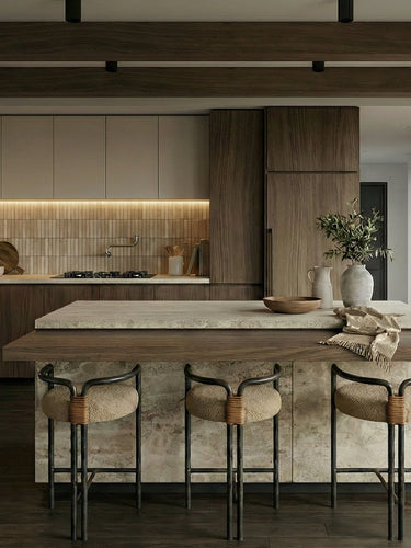 Linx's Domain, a modern kitchen with wooden cabinets, a kitchen island, and stools. A one-story mountain residence with a pool and an open concept layout. 