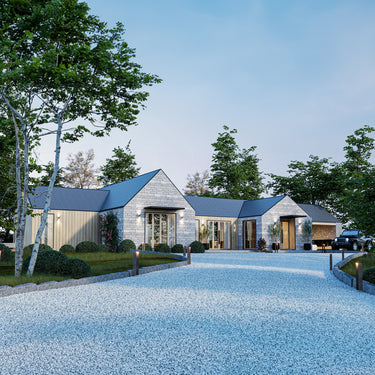 Modern asymmetrical geometrical home with wood and stone exterior, large windows, and minimalist landscaping, designed for nature retreats and contemporary living – The Hut Company