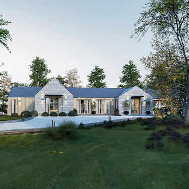 A rendering of a modern two-story house with a gray exterior, large windows, and a flat roof, set in a natural environment with trees in the background.