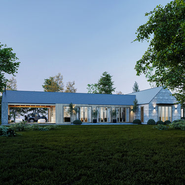 Modern asymmetrical geometrical home with wood and stone exterior, large windows, and minimalist landscaping, designed for nature retreats and contemporary living – The Hut Company