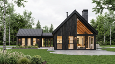 Snowy Owl's Lair, a modern house with a fire pit area in a mountain setting with an open concept social area, and a single-story layout and a breezeway conecting the two main volumes. 