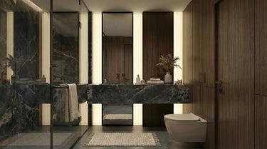 Snowy Owl's Lair, a modern bathroom with marble vanity and toilet. With an open concept social area, and a single-story layout. 